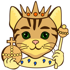 emoji with happy medieval cat king or emperor wearing his royal regalia with crown and fur that represents his authority, simple hand drawn emoticon, funny cartoon character
