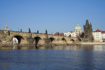 Obraz premium Historic center with famous Charles Bridge across Vltava River, Prague, Czech Republic