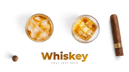 Whiskey with ice and cigar on white background. Long header banner format. Panorama website header banner. High quality photo
