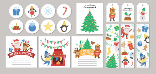 Cute set of Christmas sale cards with Santa Claus, fir tree, snowman, deer. Vector square, round, horizontal, vertical print templates. Winter holiday designs for tags, postcards, sale.  .