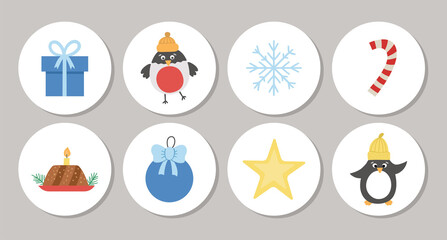 Cute set of round Christmas highlight icons or card designs with bird, present, penguin, star, bullfinch, snowflake. Vector winter holiday pin or badge design isolated on white background .