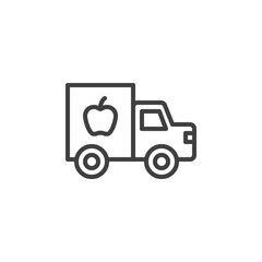 Toy truck line icon. linear style sign for mobile concept and web design. Delivery truck with apple outline vector icon. Symbol, logo illustration. Vector graphics