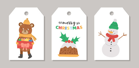 Cute set of Christmas price tag templates with snowman, bear with colored balls and pudding. Vector winter card designs. New Year season shop badge or label.  .