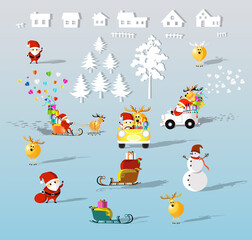 Isolated cartoon for christmas santa claus, reindeer, snowman, sledding, present.