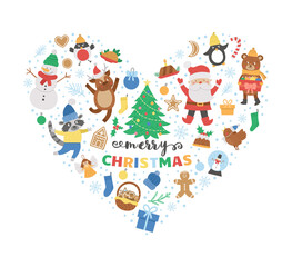 Vector heart shaped frame with Christmas elements. Traditional Ney Year party clipart. Funny design for banners, posters, invitations. Cute winter holiday card template with love concept..