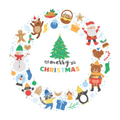 Obraz na płótnie Canvas Vector round frame with Christmas elements. Traditional Ney Year party clipart. Funny design for banners, posters, invitations. Cute winter holiday card template in circle shape..