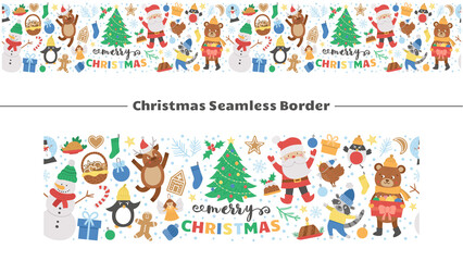 Fototapeta premium Vector seamless border brush with Christmas elements. Traditional New Year party horizontal background. Funny pattern with Santa Claus, deer, bullfinch, present, cute animals. .