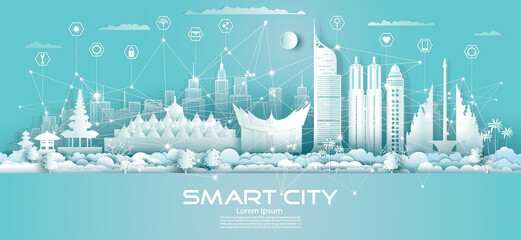 Technology wireless network communication smart city with icon in Indonesia.