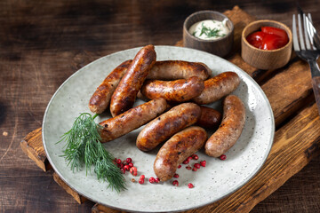 Bavarian sausages. Pork sausages in a plate on a brown wooden table. Delicious Nuremberg sausages