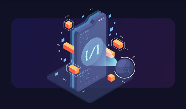 Programming and software development isometric illustration. Artificial intelligence automated process big data processing. Abstract coding development process.
