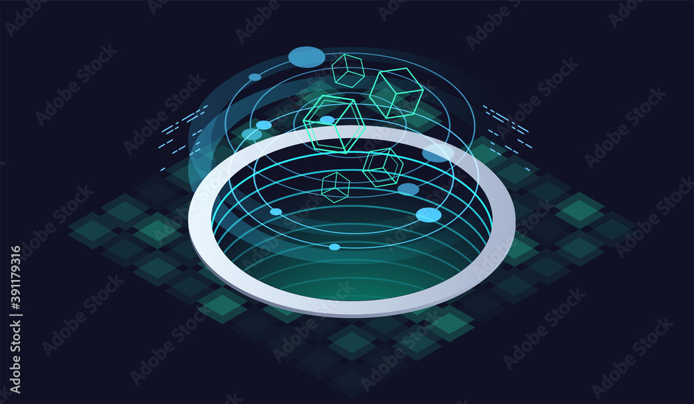 Wall mural technology isometric infographic design for quantum computer. blockchain server concept, server room