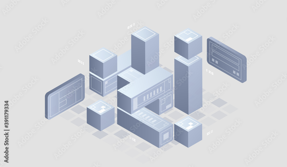 Poster Isometric Digital Technology Web Banner. BIG DATA Machine Learning Algorithms. interacting Data analysis, research, audit, demographics, Artificial Intelligence, isometric visualization concept