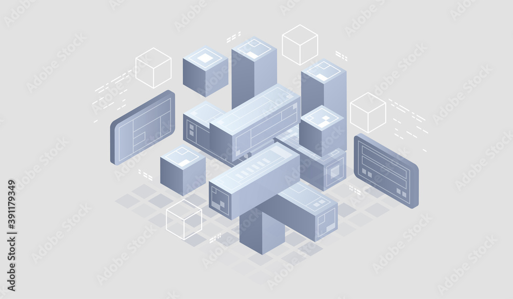 Poster isometric digital technology web banner. big data machine learning algorithms. interacting data anal
