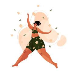 The Woman Runs And Rejoices. Happy Girl in Flat Cartoon Style Jumping in Flowers. Full Body Positive Woman. Vector stock illustration.