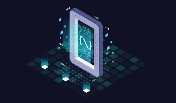 Programming and software development isometric illustration. Artificial intelligence automated process big data processing. Abstract coding development process.