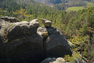 Fototapeta premium Rare two birds rock arch (Ptaci polibek) in Czech Paradise, Czech Republic