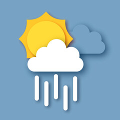 Sky with rainy clouds, sun and rain drops. Paper cut Weather.