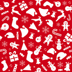 Christmas seamless pattern of icons on red background in flat style