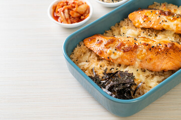 salmon with spicy miso rice bowl