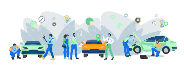 Car repair mechanical services layout for site header or banner with cartoon people, flat vector illustration. Car maintenance and tire service banner template for auto workshop. 