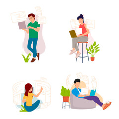 Working at home, coworking space, concept illustration. Young people, man and woman freelancers working on laptops and computers at home.