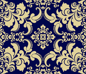 Seamless blue background with beige pattern in baroque style. Vector retro illustration. Ideal for printing on fabric or paper for wallpapers, textile, wrapping.