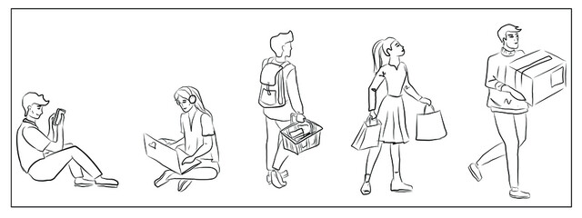 Buyers in the online store, shopping. Order. Shipping. App for shopping. Characters, people. Color picture. Black-and-white picture. Doodle. Isolated vector objects.