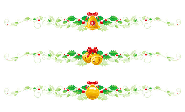 Christmas holly set. Vector ribbon border garland with holly leaf and bell decoration. Holiday frame. Branch and bow background. Isolated on white banners. Merry Xmas jingle bell design