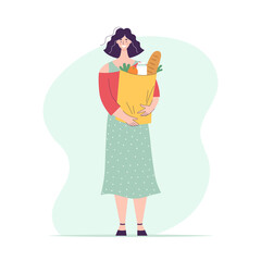 Happy woman with a paper bag full of groceries. Full length character. Shopping for groceries in the supermarket. Flat vector illustration isolated on white background
