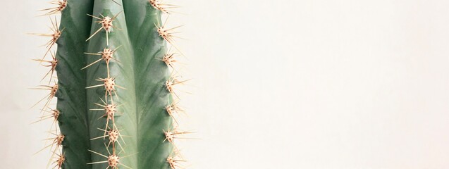 Single cactus on light background. Home plant growing. Natural floral minimal concept. Close up.	 Banner.