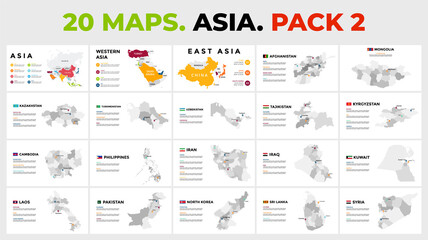 Asia vector map infographic templates. Slide presentation. Includes 20 info graphics. Pack 2.