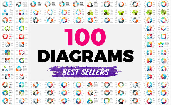 100 Circle Diagrams. Infographic templates set for your presentation. Geometric signs and symbols for 3, 4, 5, 6, 7, 8 steps, options and processes.