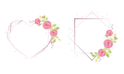 watercolor hand draw pink english rose wreath with geometric frame collection