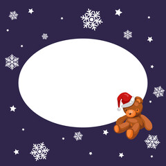 Oval frame with santa teddy on a night background. Stars and snowflakes. Vector illustration.