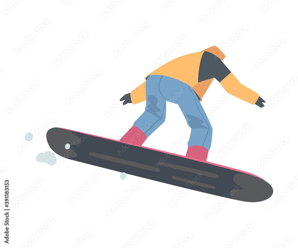 Wall mural snowboarder character jumping in mountains, extreme sport activities, winter vacation cartoon style 