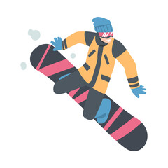 Snowboarder Jumping in Mountains, Extreme Sport Activities, Winter Vacation Cartoon Style Vector Illustration