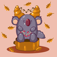 Cute autumn forest monster with mushrooms on a stump. Vector illustration.