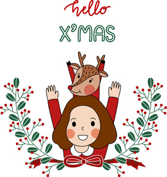 Group of saying hello and Merry Christmas with girl and cute reindeer