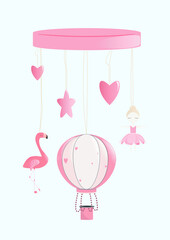 Children's pink toy for girls with an aerostat, ballerina, Flamingo, hearts and a star. Vector illustration