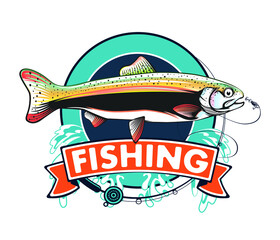 Rainbow trout jumping out water.Salmon isolated on white background. Concept art for horoscope, tattoo or colouring book.