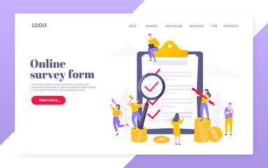 Online survey form or insurance application on the clipboard, claim form and tiny people working together. Internet questionnaire, online education quiz vector illustration concept template.