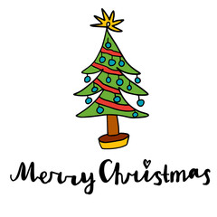 Naklejka premium Cute doodle Merry Christmas card with Xmas Tree and lettering isolated on white background. Cartoon greeting postcard. Vector illustration.
