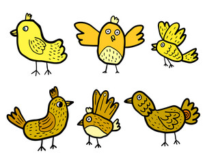 Cartoon chicken and chicks. Bird set in doodle style isolated on white background. Farm animals. Vector illustration.     