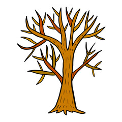 Cartoon doodle tree without foliage isolated on white background. Bald tree. Vector illustration.