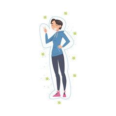 Fototapeta na wymiar Happy Teenage Girl Protected from Bacterias Showing Victory Sign Gesture, Viruses and Germs, Strong Immune System Concept Cartoon Style Vector Illustration