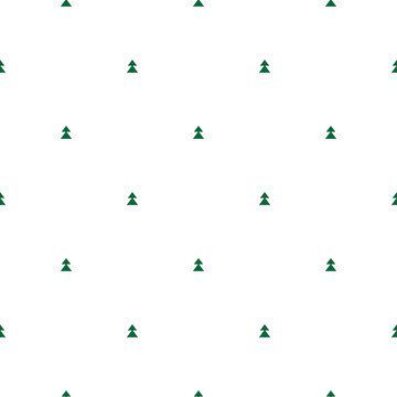 Green gemetric fir-trees on white background. Forest seamless winter pattern with spruce.