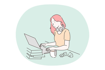 Stress, overwork, working burnout concept. Unhappy tired stressed frustrated woman cartoon character sitting at table and working with laptop feeling exhausted and overworked vector illustration