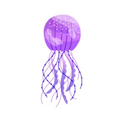 Flat vector cartoon illustration of swimming purple jellyfish. Vibrant violet medusa isolated on white background. Marine jelly fish, aquatic underwater creature