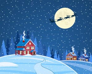 New year and Christmas winter landscape background. Santa Claus flying on a sleigh. concept for greeting or postal card. Merry christmas holiday. New year and xmas celebration. Vector illustration