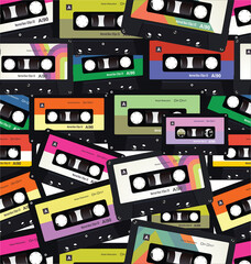 Fototapeta premium Pattern with old audio cassettes colorful seamless background